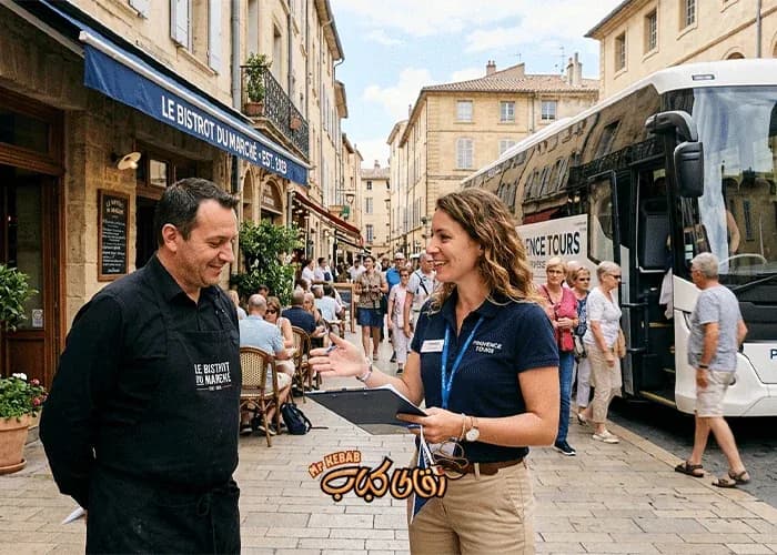 Tour leader coordinating with the restaurant to host the travel group.