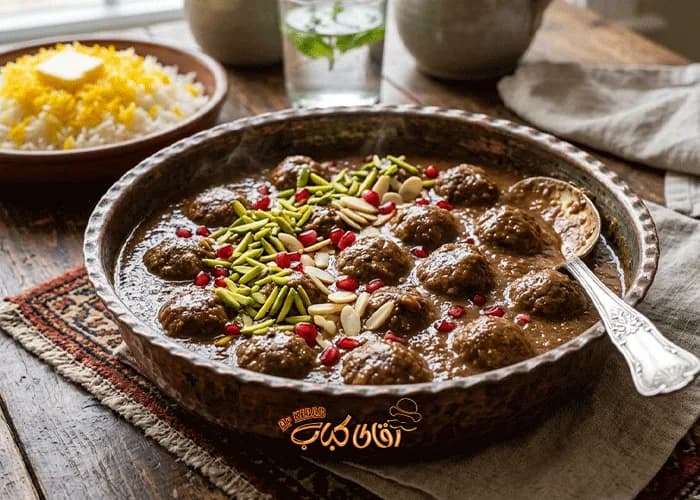 فسنجان ملس تبریزی با گوشت قلقلی و خلال پسته و بادام