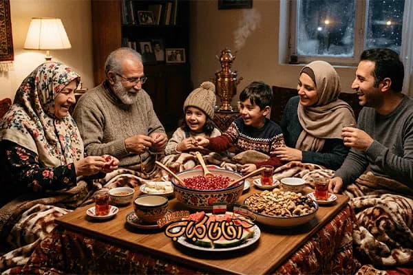 A family gathering on Yalda Night, featuring pomegranates, watermelon, and nuts.