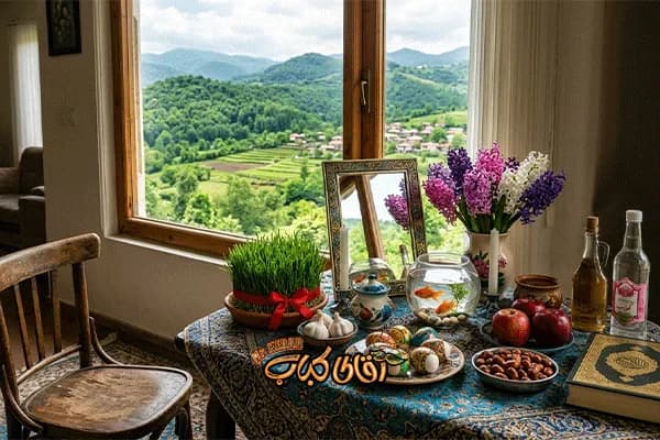 A Nowruz Haft-Sin spread with the green nature of Gilan in the background.