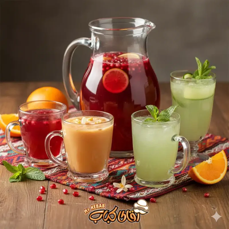 شربت محلی گیلانی و آب انار در کنار کباب