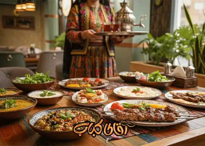 سفره غذای محلی در رستوران آقای کباب با تم لباس محلی گیلان